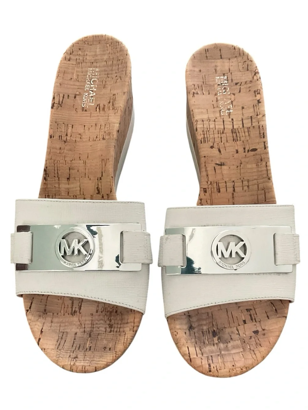 Michael Kors WARREN Platform Wedge Cork/White Sandals with MK Logo Size 8.5
